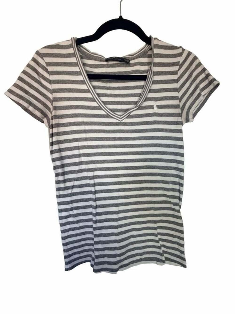 Polo Ralph Lauren Gray and White Striped V-Neck Short Sleeve T-Shirt_182